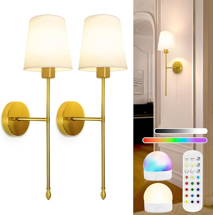 Battery Operated Wall Sconce Set of 2, 15 Colors Rechargeable Wall Lights with Dimmable Bulbs and Remote, Gold Wireless Wall Lamp for Living Room Hallway Bedroom - Bloomnest