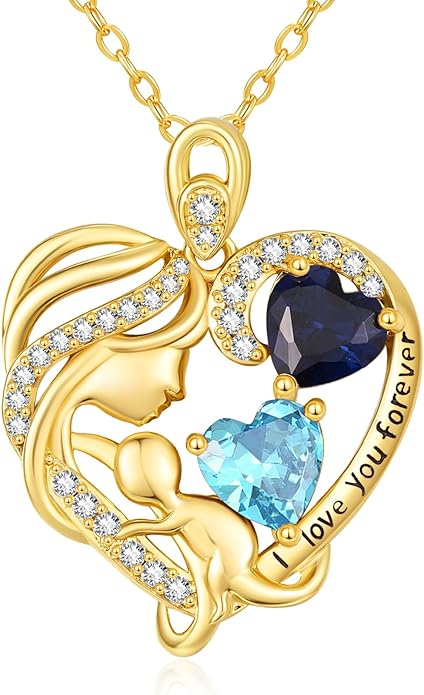 14K Gold Double Birthstone Heart Necklace for Women Mom, Mother Son/Daughter Pendant Necklace for Christmas Mother's Day Birthday Gifts for Wife Daughter Grandmom - Bloomnest
