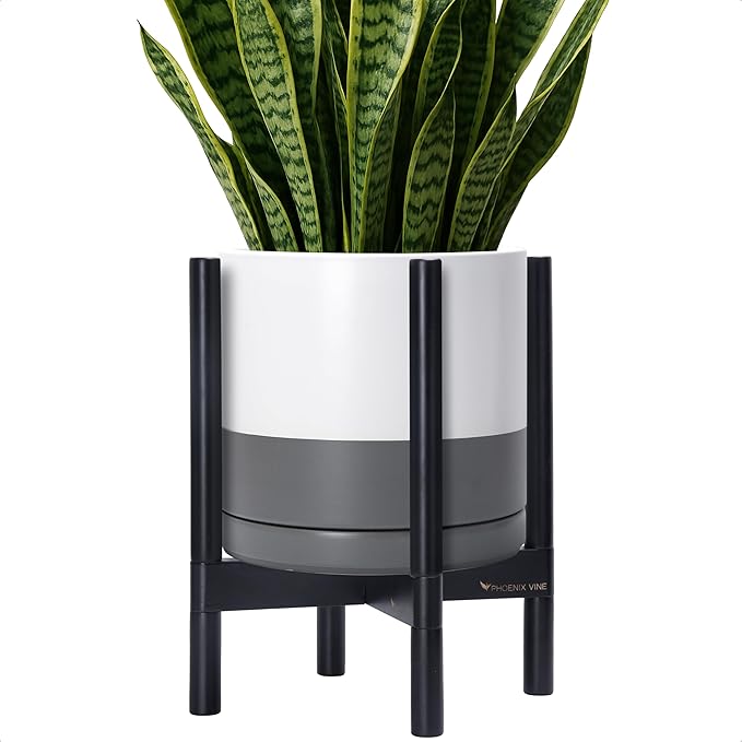 D'vine Dev Ceramic Planter with Ebony Stand - 12 Inch Modern Round Flower Pot with Wood Planter Holder, White/Grey, 55-B-H-6 - Bloomnest