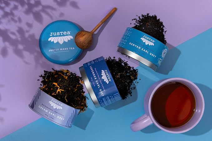 JusTea EARL GREY TEA TRIO | Stacking Tins Variety Pack with Hand Carved Tea Spoon | Loose Leaf Tea | High Caffeine | Fair Trade | Non-GMO - Bloomnest