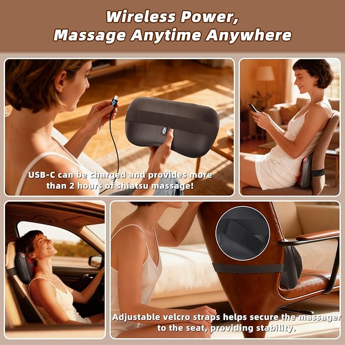Zenopax Shiatsu Back and Neck Massager with Heat, 3D Deep Tissue Kneading, Cordless Rechargeable Electric Massage Pillow for Muscle Pain Relief, Use at Home, Car, Office, Gifts for Men Women - Bloomnest