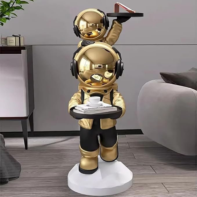 Modern Gold Astronaut Floor Sculpture, Spaceman Figurine Statue with Tray Top for Home Decoration - Bloomnest