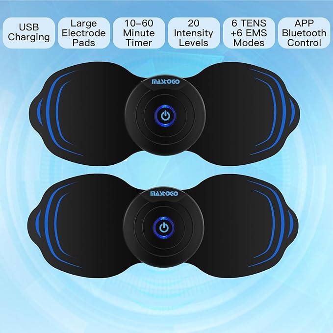 Wireless Tens Unit Muscle Stimulator - Two Sets of Tens Unit Massager for Pain Relief - Up to 12 Mode 20 Intensity Portable with App Controlled Bluetooth TENS EMS Muscle Stimulator Machine MASTOGO
