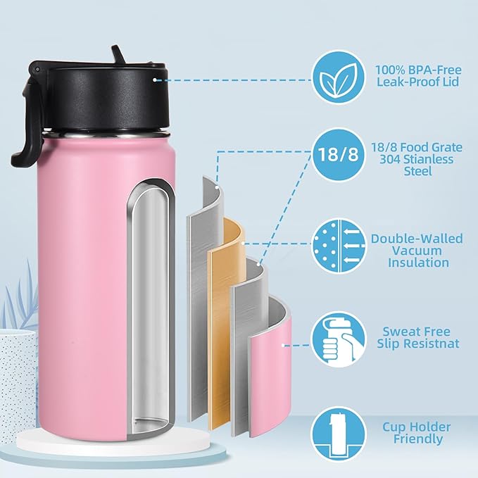 Volhoply 16 OZ Kids Water Bottle Bulk 4 Pack,Insulated Sports Bottles with Straw Lid,Stainless Steel Bottle with Handle Keep Cold & Hot,Double Wall Vacuum Tumbler Cups for School,Girls(Pink, 4) - Bloomnest
