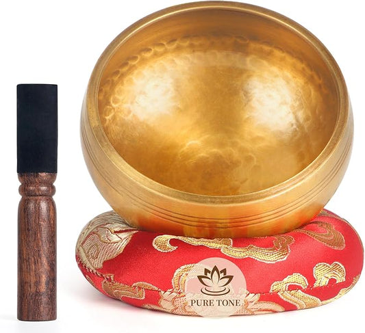AKLOT HandMade Meditation Singing Bowl: Tibetan Sound Bowl Set with Pure Tone, Sound Bath Bowl with Cushion, Mallet, Spiritual Gift for Chakra Clearing, Healing, Yoga, Prayer, Relaxation (3.5 Inch)