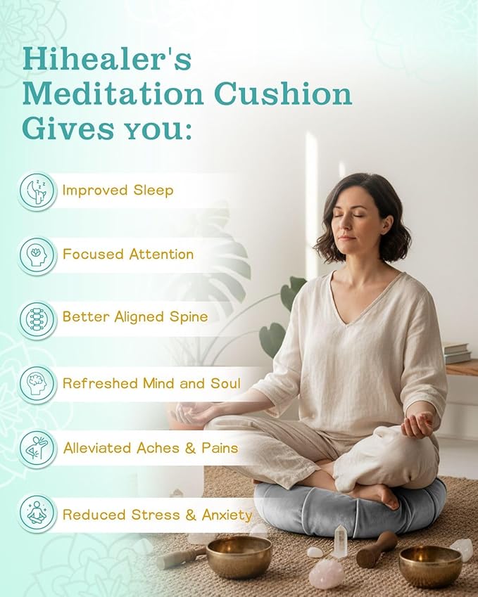 Premium Meditation Cushion - Comfortable Floor Pillow for Adult Traditional Crescent Meditation Pillow Yoga Buckwheat Bolster (Grey) - Bloomnest