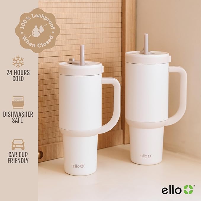 Ello Oasis 24 oz Tumbler with Handle & Retracting Straw | Reusable Insulated Stainless Steel Cup 100% Leakproof, Gifts for Teens Women Men | Keeps cold for 24 Hours, Cup Holder Friendly, Cream Tonal - Bloomnest