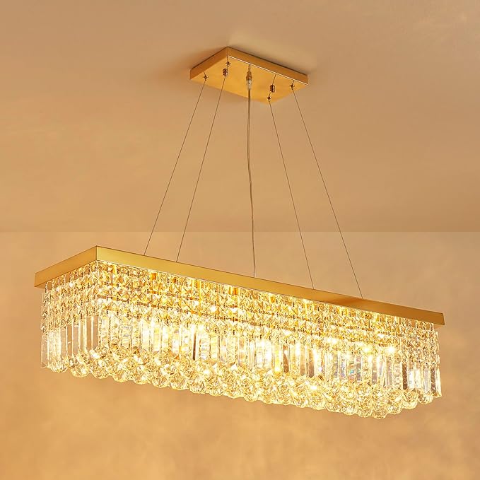 Saint Mossi 8-Lights K9 Crystal Chandelier for Dining Room, Rectangular Pendant Light Fixture for Kitchen Island, Raindrop Chandelier, X-Large Size, Chain Adjustable - Bloomnest