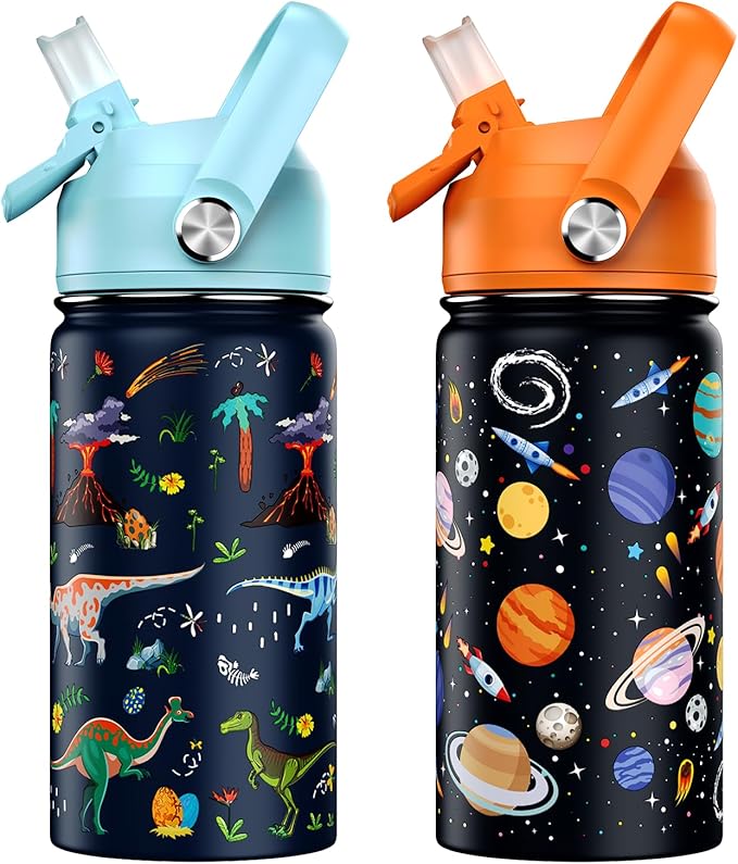 14oz Kids Insulated Water Bottle with Straw Lid - 18/8 Stainless Steel Kid Cup Travel Tumbler Double Wall Vacuum Leak Proof Portable Toddler Water Bottle (Space + Dinosaur) - Bloomnest