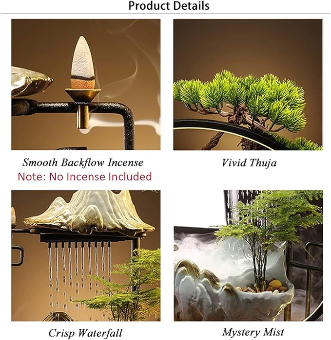 Elder Tabletop Indoor Water Fountains Waterfall with LED Light Zen Decor for Meditation with Mist Japanese Decor with Fake Plants Feng Shui Decor for Good Luck Wealth - Bloomnest