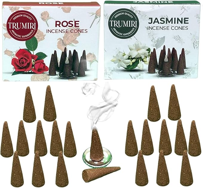 TRUMIRI Incense Cones - Combo Pack of 20 Cone Incense - 10 Rose + 10 Jasmine - Insence Cones - Incense Cones Scented - Cone Incense Scents - Insense Cones - Incent Cone TRUMIRI