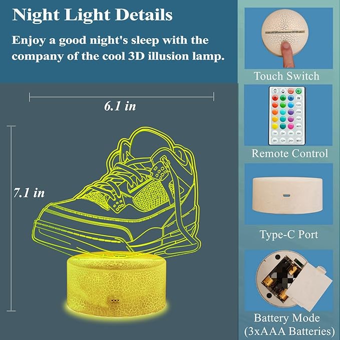 Sneaker Gifts, Sport Shoes, Sneaker Gifts, 3D Illusion Night Light Lamp, 16 Colors Changing, Timer, 4 Flash Modes and Dimmable, Kids Room Decoration, Xmas Gifts - Bloomnest