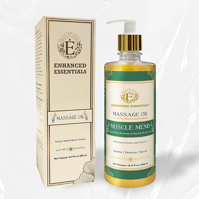 Muscle Recovery Massage Oil by Enhanced Essentials |Deep Restorative Formula with Ayurvedic Extracts,Pure Essential Oils & Vitamin E |Relieves Fatigue,Soothes Post-Workout Strain |16.9 fl oz (500ml)