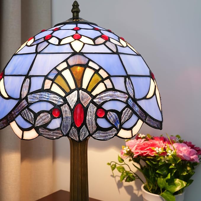 Tiffany Lamp Stained Glass lamp 12 inches Bedside Table Lamps for Living Room Bedroom Dorm Kitchen Home Decor Festival Birthday Gift,Blue Baroque - Bloomnest