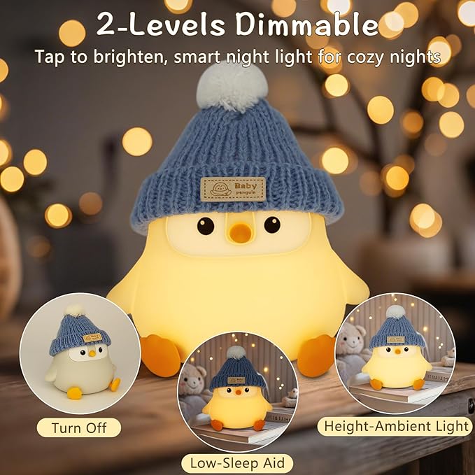 Penguin Lamp with Knit Hat,Kawaii Penguin Night Light,Food Grade Silicone,Dimmable Nursery Nightlight,LED Squishy Novelty Animal Lamp,Kids Room Decor,Funny Gifts for Kids Boys Girls Baby - Bloomnest