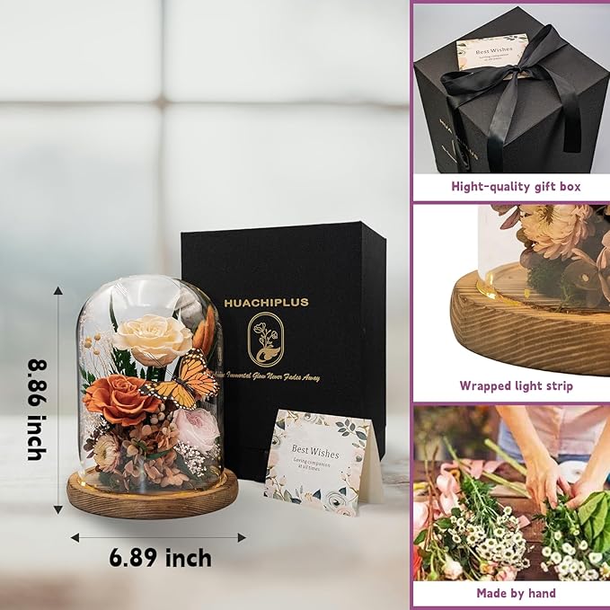 Eternal Flower with Butterfly: Big Flowers Big Love-Elegant Flower in Glass Dome-Thanksgiving, Christmas, Mom Gifts for Her-Flowers for Delivery Prime-Floral Arrangements (Orange) - Bloomnest