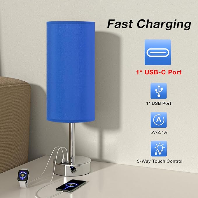 Navy Blue Touch Lamp for Boys - Small Nightstand Lamp with USB-C and USB Charging Ports, 3 Way Dimmable Bedside Table Lamp with Fabric Shade Silver Base for Nursery, Dorm, Office, Reading - Bloomnest