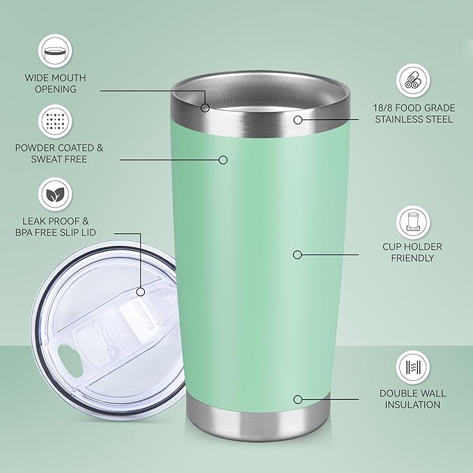 20 oz Tumbler Stainless Steel Tumblers Bulk with Lid Double Wall Insulated Coffee Tumbler Cups for Hot & Cold Drinks Powder Coated Travel Coffee Tumbler Mug Metal (Jade, 6 pack) - Bloomnest