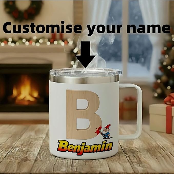 Personalized Gnome Mug with Name and Initial - Funny 12oz Insulated Stainless Steel Coffee Cup Tumbler with Handle & Lid - Custom Gifts for Boys, Kids - Wood Texture Monogram (B152) - Bloomnest
