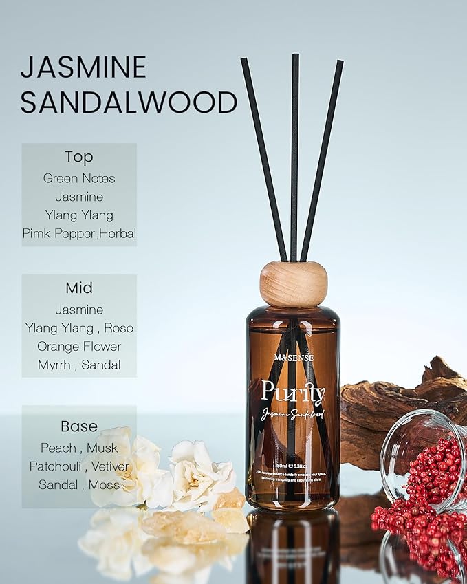 M&SENSE Reed Diffuser Set, Jasmine Sandalwood Scented 6.3 fl oz Natural Essential Oil Diffusers with Sticks, Non-Toxic Organic Air Freshener, Long-Lasting Fragrance Oils for Home Bathroom Living Room MSENSE