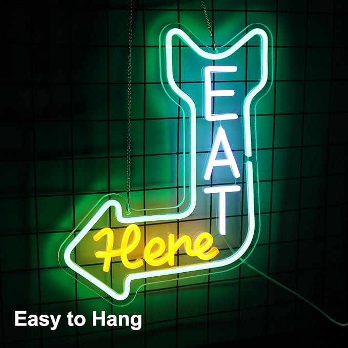Eat Here Neon Sign Kitchen Neon Signs for Wall Decor with Arrow Guidance Green Orange White Eat Dimmable LED Sign Diner Neon Signs for Wall Bar Restaurant Kitchen Man Cave Decor - Bloomnest