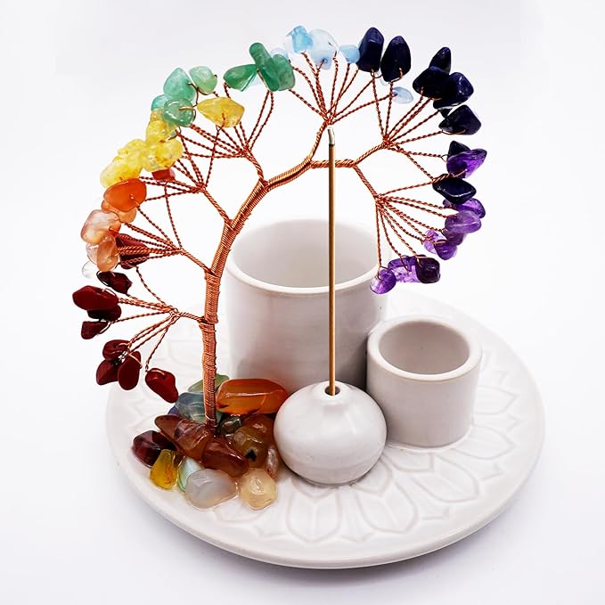 5 in 1 Incense Burner Holder with Crystal Healing Tree, Palo Santo Holder, Sage Holder, Incense Holder for Sticks/Cones/Candles, Ceramic Tray Ash Catcher for Burning Incense, Meditation Gift (White) - Bloomnest