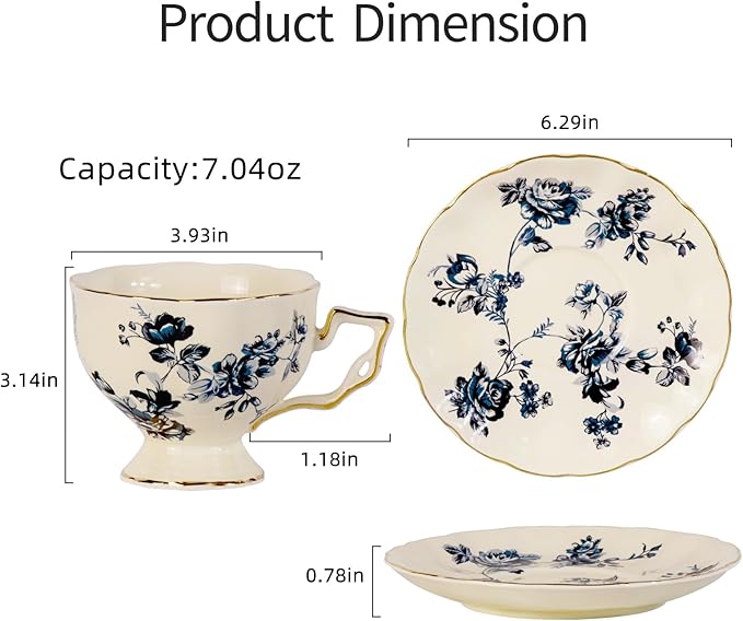 KAMMAK Tea Cups and Saucers Set of 2, Porcelain Coffee Cups, 6.8-Ounce Stackable Espresso Mugs, Ceramic Demitasse for Coffee, Latte, Americano, Tea, Blue Orchid - Bloomnest