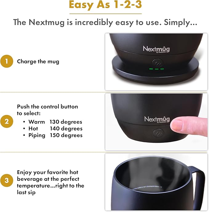 Nextmug - Temperature-Controlled, Self-Heating Coffee Mug (Black - 14 oz.) - Bloomnest