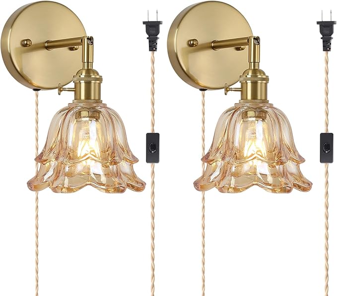 Vintage Plug in Wall Sconces Set of 2, Rose Amber Lampshade & 180 Degree Adjustable, Brass Wall Lights, for Bedroom Living Room Hallway Aisle, Bulbs Not Included, ETL Listed - Bloomnest