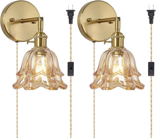 Vintage Plug in Wall Sconces Set of 2, Rose Amber Lampshade & 180 Degree Adjustable, Brass Wall Lights, for Bedroom Living Room Hallway Aisle, Bulbs Not Included, ETL Listed - Bloomnest