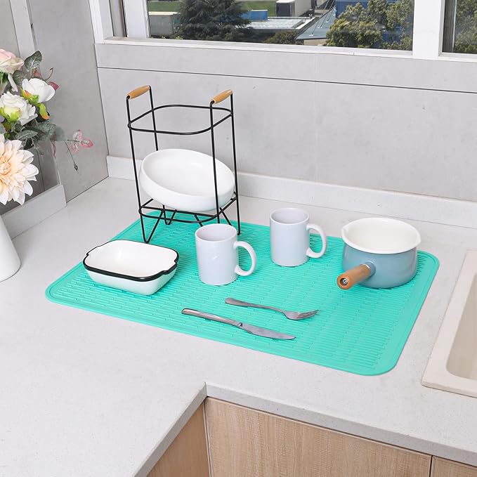 Silicone Dish Drying Mat for Multiple Usage,Easy clean,Eco-friendly,Heat-resistant Silicone Mat for Kitchen Counter or Sink,Refrigerator or Drawer Liner Mint 3XL 28 inches x 18 inches - Bloomnest