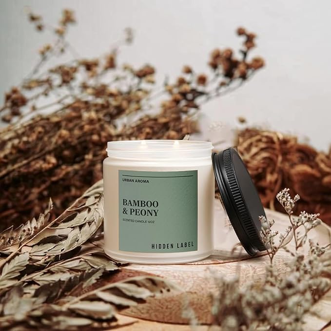 Hidden Label Bamboo Peony Scented Candle, 12oz 2 Wick Natural Soy Non Toxic Candles, Clean Burning Long Lasting Aromatherapy for Home | Gifts | Décor,Premium Scents for Relaxation & Stress Relief - Bloomnest