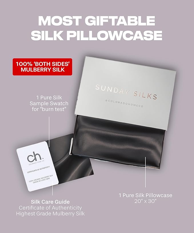 SUNDAYSILKS™ Premium Silk Pillow Cases | 100% Mulberry Silk Pillowcase with Zipper, All Sides Real 22 Momme Grade 6A Silk, Standard Queen, King Size [Midnight Black] - Bloomnest