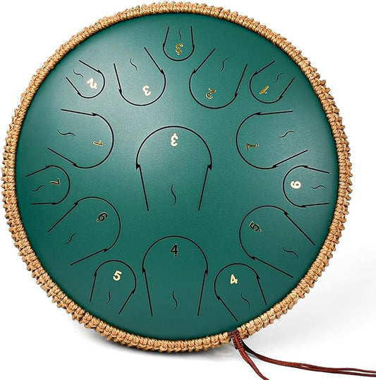 Steel Tongue Drum - 14 Inch 15 Note Tongue Drum - Hand Pan Drum with Music Book, Handpan Mallets and Carry Bag, C Major, Green - Bloomnest