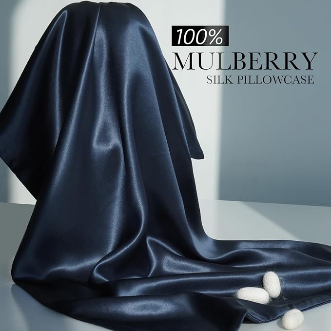 100% Mulberry Silk Pillowcase for Hair and Skin, 22 Momme Pure Natural Silk Pillow Case Both Sided with Zipper, Pillow Cover for Women Mom Men (Navy Blue, Standard 20''×26'', 1 Pack) - Bloomnest