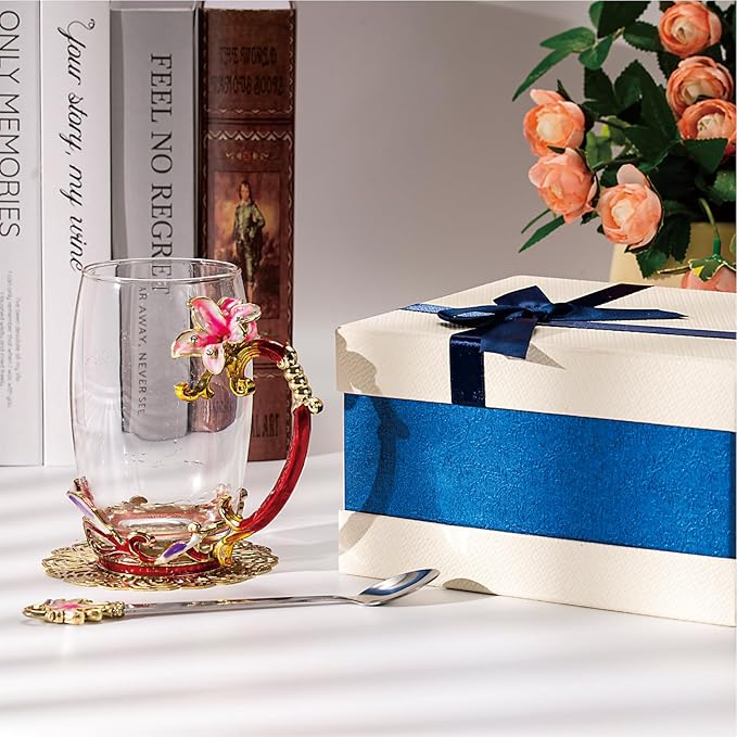 Flower Tea Cup, Lily Flower Clear Glass Fancy Coffee Mug with Spoon,Gift Box for Her Mom Wife Grandma Girls Friends Valentines Christmas Birthday Present Idea for Juice,Hot And Cold Drinks Use - Bloomnest