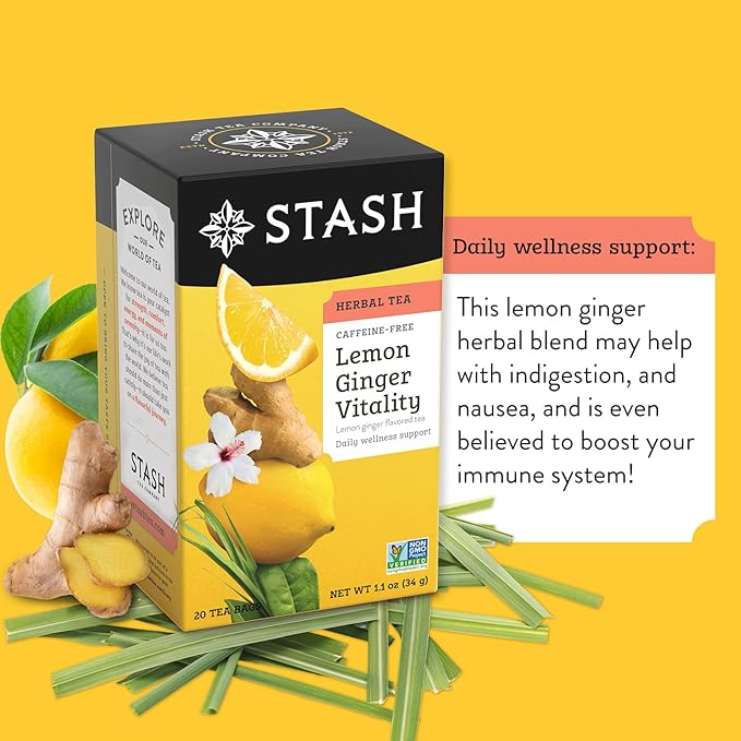 Stash Tea Lemon Ginger Vitality Herbal Tea - Naturally Caffeine Free, Non-GMO Project Verified Premium Tea with No Artificial Ingredients, 20 Count (Pack of 6) - 120 Bags Total - Bloomnest