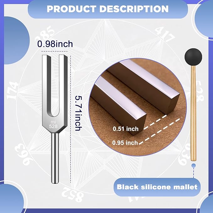 528 Hz Tuning Fork for Healing, DNA Repair, Reliever Stress and Perfect Musical Instrument, Frequency of Love, Silver, with Black Rubber Mallet, Triangular Silicone and Velvet Storage Bag - Bloomnest