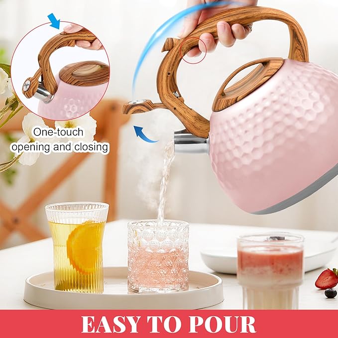 GGC Tea Kettle for Stove Top, Loud Whistling Kettle for Boiling Water Coffee or Milk, 3.1 Quart 3L Heavy Stainless Steel Pink Kettles with Wood Pattern Handle, Unique Button Control Kettle Outle - Bloomnest