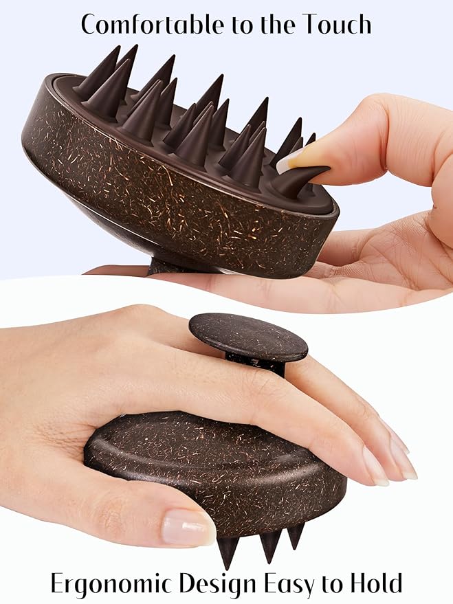 HEETA Scalp Massager Hair Growth, Soft Silicone Scalp Scrubber Shampoo Brush for Exfoliation, Dandruff Removal & Head Massage Stress Relax, Wet & Dry Use for Thick, Thin Hair Care, Dark Brown HEETA