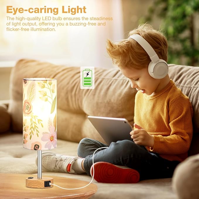 Fenmzee Floral Touch Lamp for Bedroom- 3 Way Dimmable Bedside Lamp USB C A Charging Ports and AC Outlet, Small Table Lamp Floral Linen Lampshade for Gift, LED Bulb Included - Bloomnest