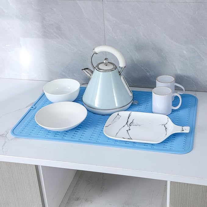 Silicone Dish Drying Mat for Multiple Usage,Easy clean,Eco-friendly,Heat-resistant Silicone Mat for Kitchen Counter or Sink,Refrigerator or Drawer Liner Light Blue 4XL 32 inches x 18 inches - Bloomnest
