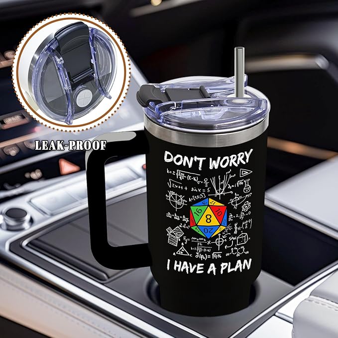 DUUV Funny Tumbler 40 Oz with Handle, Don't Worry I Have a Plan Dice and Math Design, Sarcastic Nerd Gifts for Gamers Math Lovers, Birthday Christmas Gift, 1PCS - Bloomnest