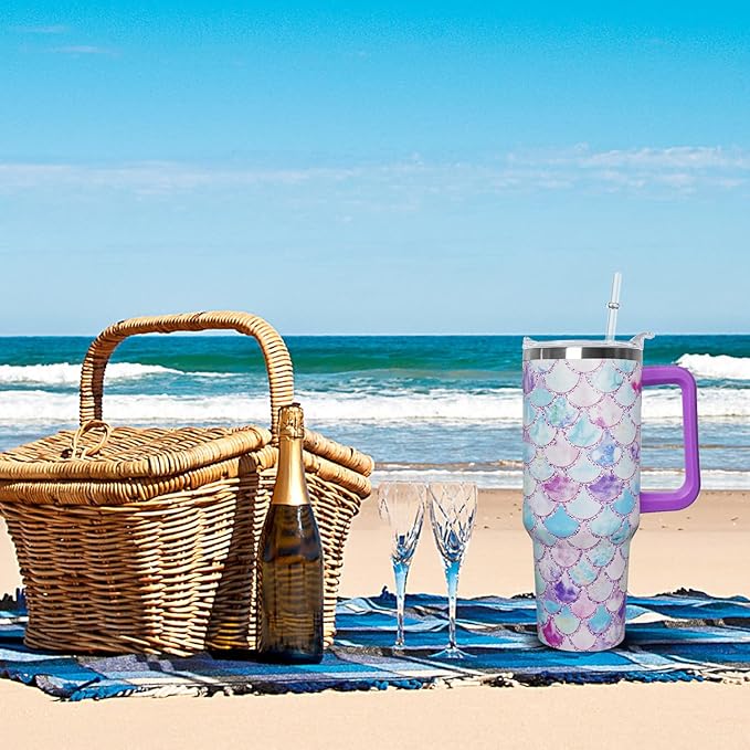 Ceovfoi 40 Oz Double Wall Vacuum Stainless Steel Tumbler with Handle Lid and Straw, Ocean Mermaid Watercolor Cup, Travel Coffee Mug, Hawaiian Decor, Accessories - Bloomnest