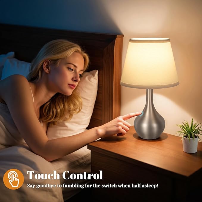 Seealle Touch Table Lamps for Bedroom Set of 2,3-Way Dimmable Small Bedside Lamps for Night Stands with Wires, Silver Desk Lamps for Kids Room,Office,Living Room, End Table(LED Bulbs Included) - Bloomnest