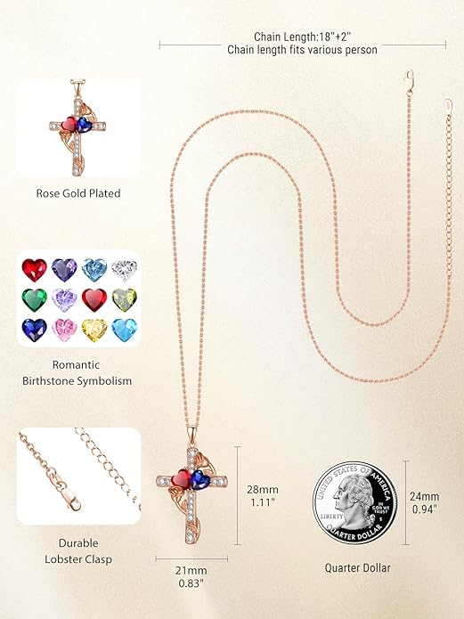 Rose Gold Dual Birthstones Cross Necklace for Women Rose Flower Jewelry Anniversary Christmas Mother's Valentine's Day Birthday Gift for Wife Girlfriend Mom - Bloomnest