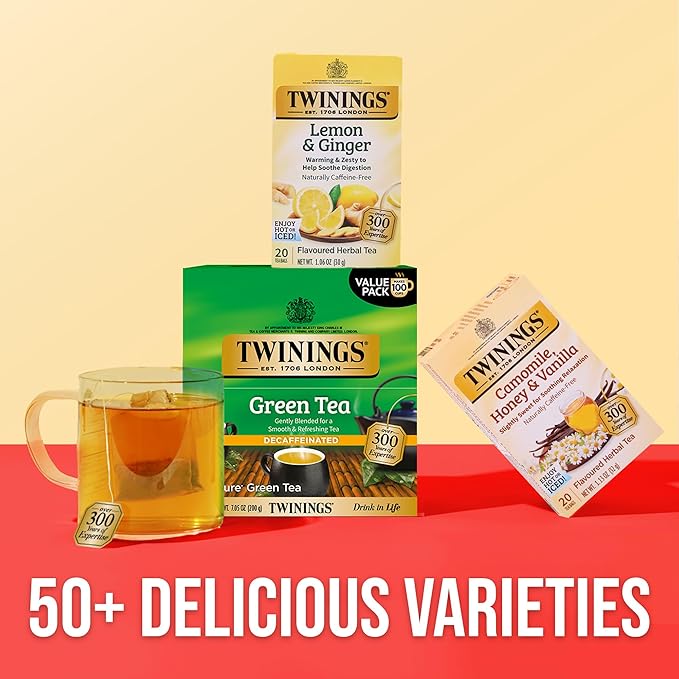 Twinings Decaffeinated Green Tea Individually Wrapped Bags, 100 Count (Pack of 1), Smooth Flavour, Enticing Aroma, Enjoy Hot or Iced, 100 Teabags