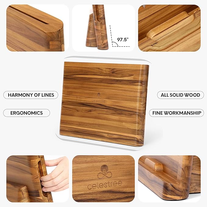 2 - in - 1 Magnetic Knife Block Holder with 16"x11" Teak Cutting Board, Crafted from Premium Natural Teak Wood,Juice Grooves, Kitchen Organizer for Home Chefs - Bloomnest