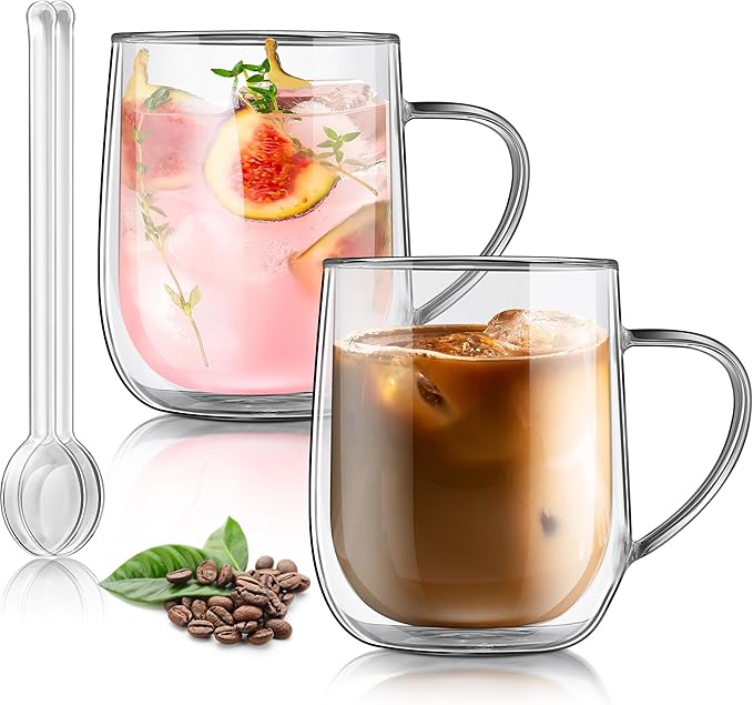 Joeyan Large Clear Double Walled Glass Coffee Mugs 15 oz, Double Layer Tea Latte Cappuccino Cups with Handle, Double Lined Insulated High Borosilicate Glassware for Milk and Hot Beverages, Set of 2 - Bloomnest