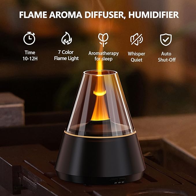 Flame Essential Oil Diffuser, Upgrade 7 Colour Lights Aromatherapy Diffuser, Oil Diffuser, Air Humidifier, Aroma Diffusers for Home, Bedroom, Office, Yoga, Timer & Waterless Auto Off - Bloomnest